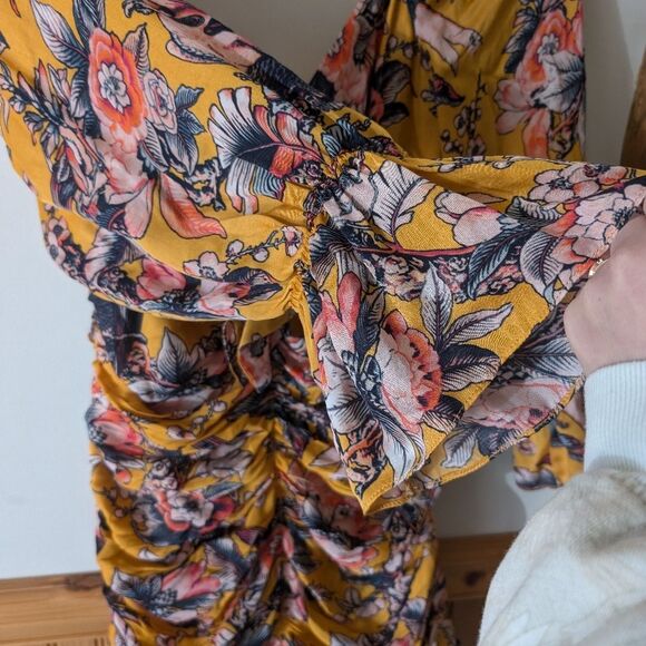 Anthropologie Ranna Gill Ruched Floral Minu Ruffle Yellow Puff Sleeve Size M - Picture 10 of 11